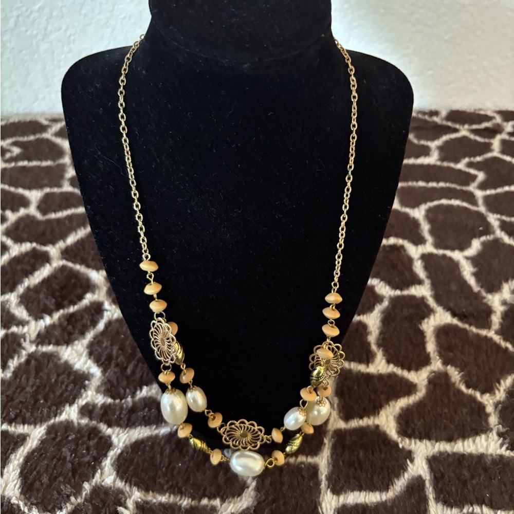Gold and Cream Necklace with Sparkling Crystal Accents
